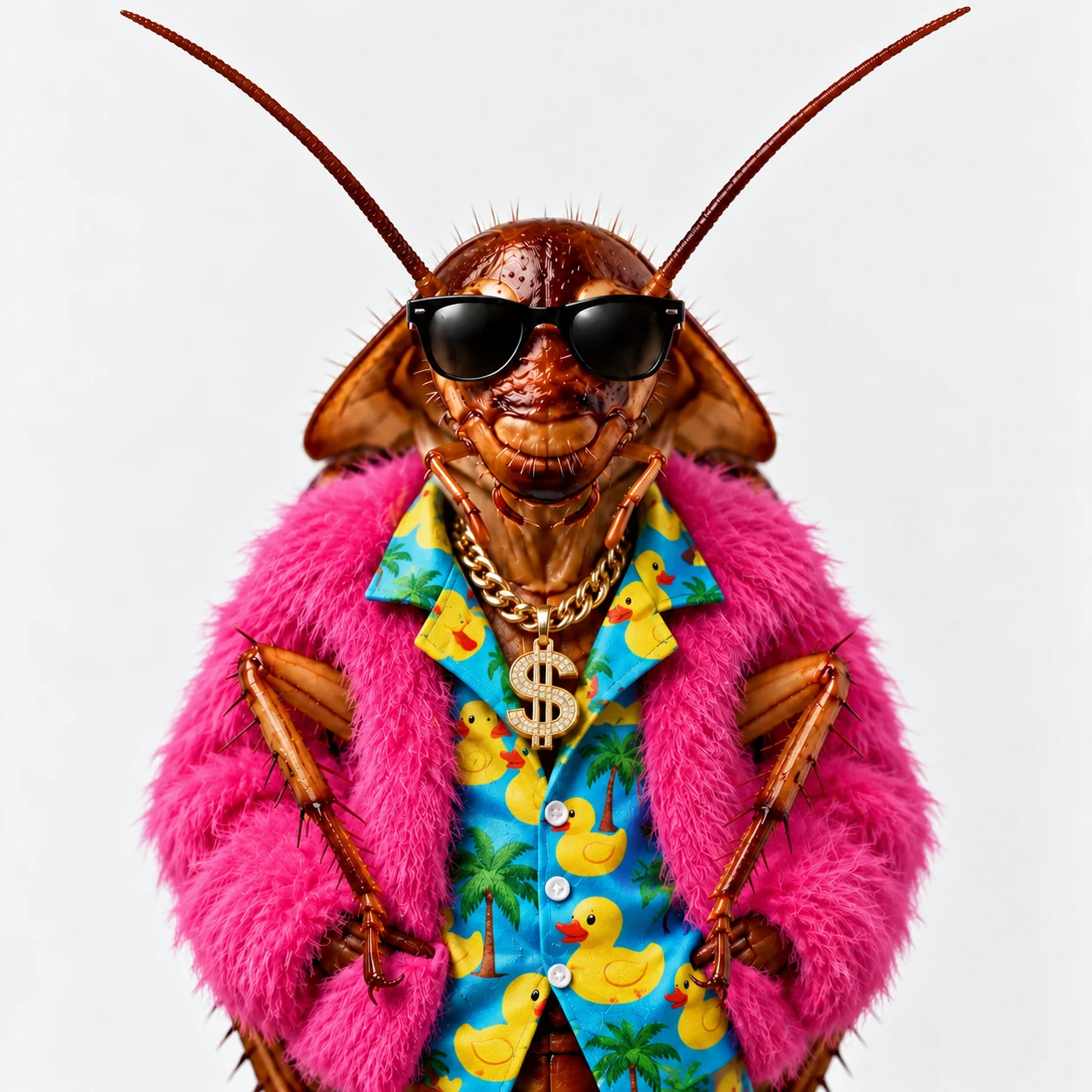 Mr. Cock Roach, an absurdly overdressed cockroach in a hot pink fur coat, sunglasses and gold chain
